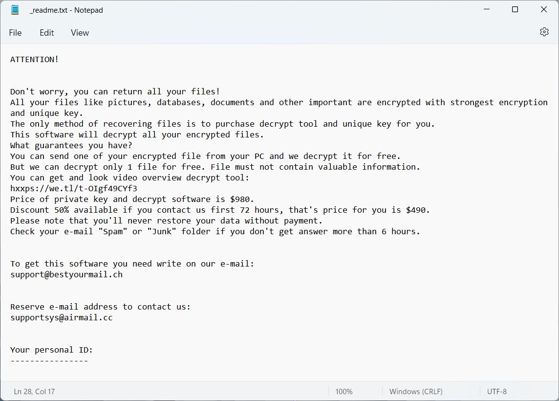 _readme.txt file of Waqa Virus Ransomware