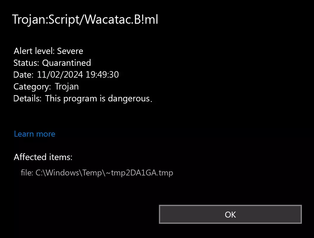 Venster met de pop-up van Wacatac.B!ml Trojan-virus