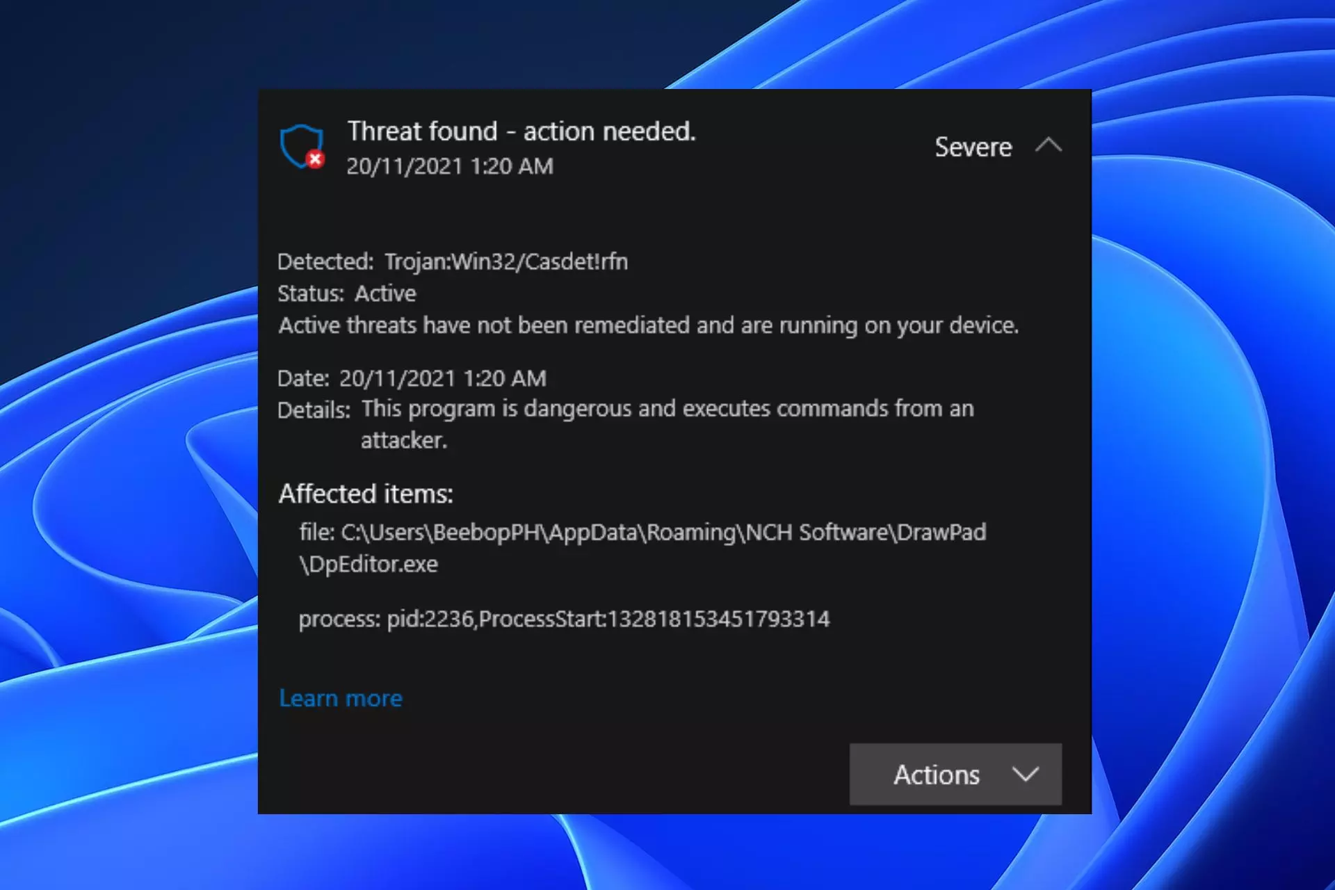 Trojan:Win32/Casdet!rfn Virus Detection av Microsoft Defender