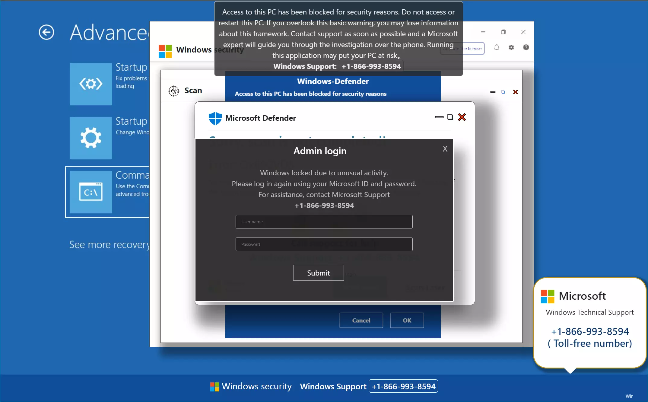 Sample pop-up scam like Error: Ox800VDS