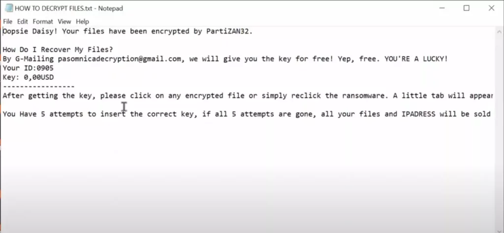 PartiZAN32 Ransom Note: JAK DEŠIFROVAT FILES.txt